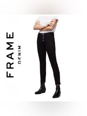 💙Frame Denim Black Le-High-Rise Skinny Exposed Button-Fly Skinny Jeans Size 28